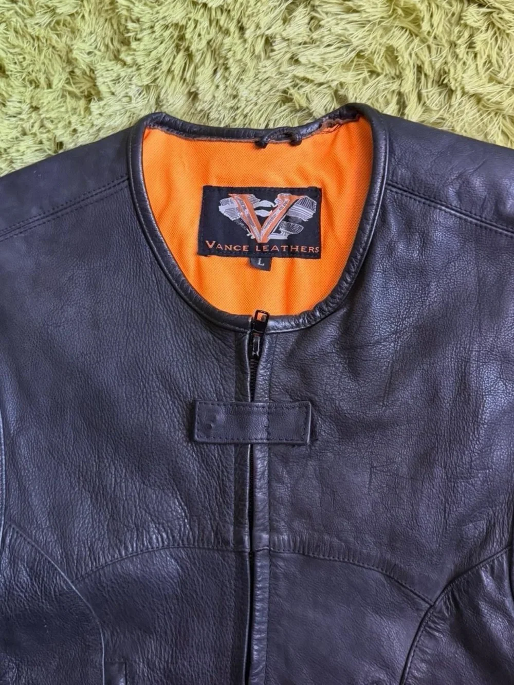 Black Leather Motorcycle Vest with Orange Lining